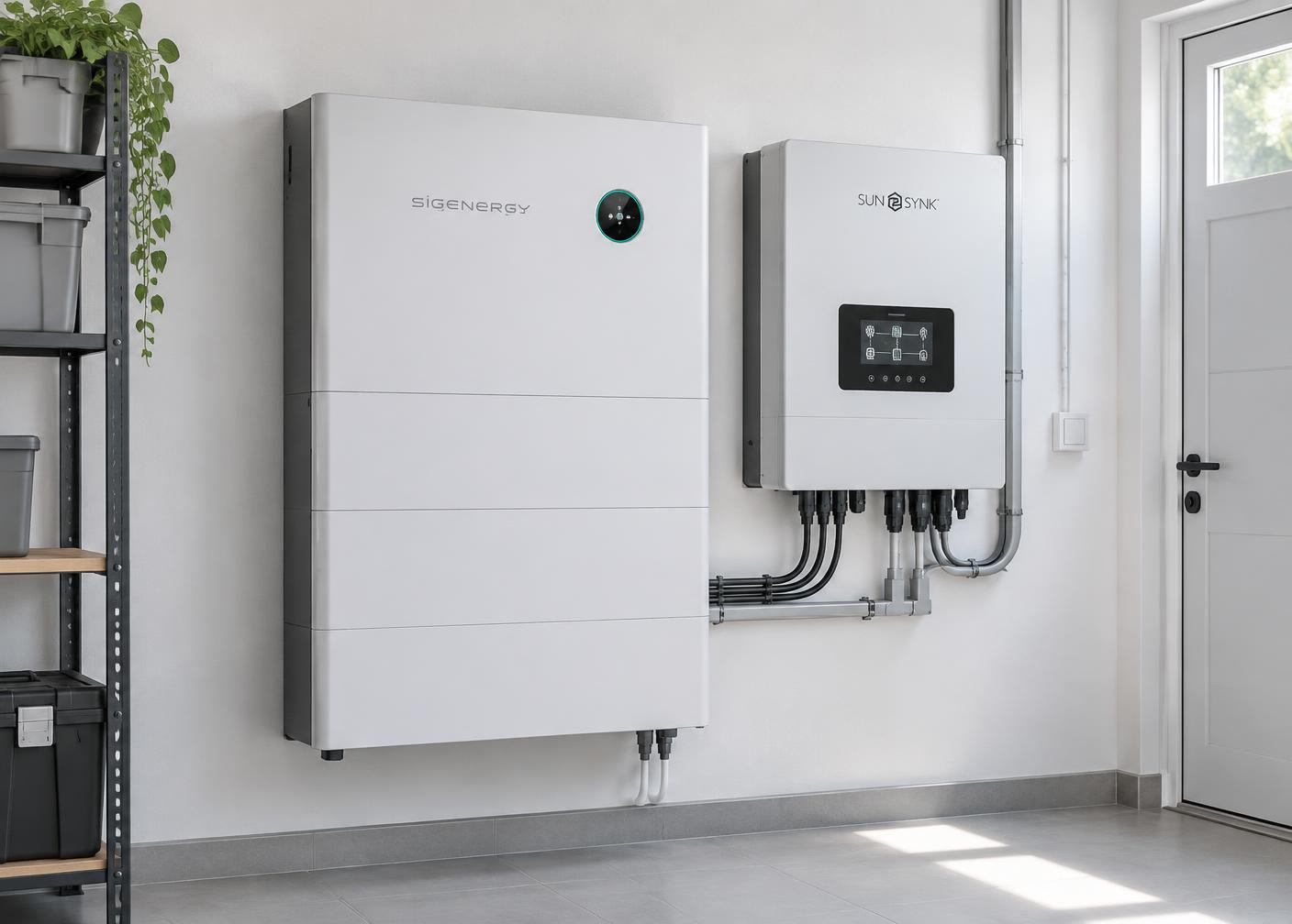 Bateria de lítio e inversor híbrido instalados numa parede