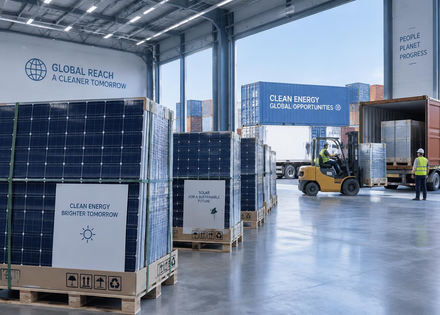 Painéis solares em paletes prontos para envio internacional