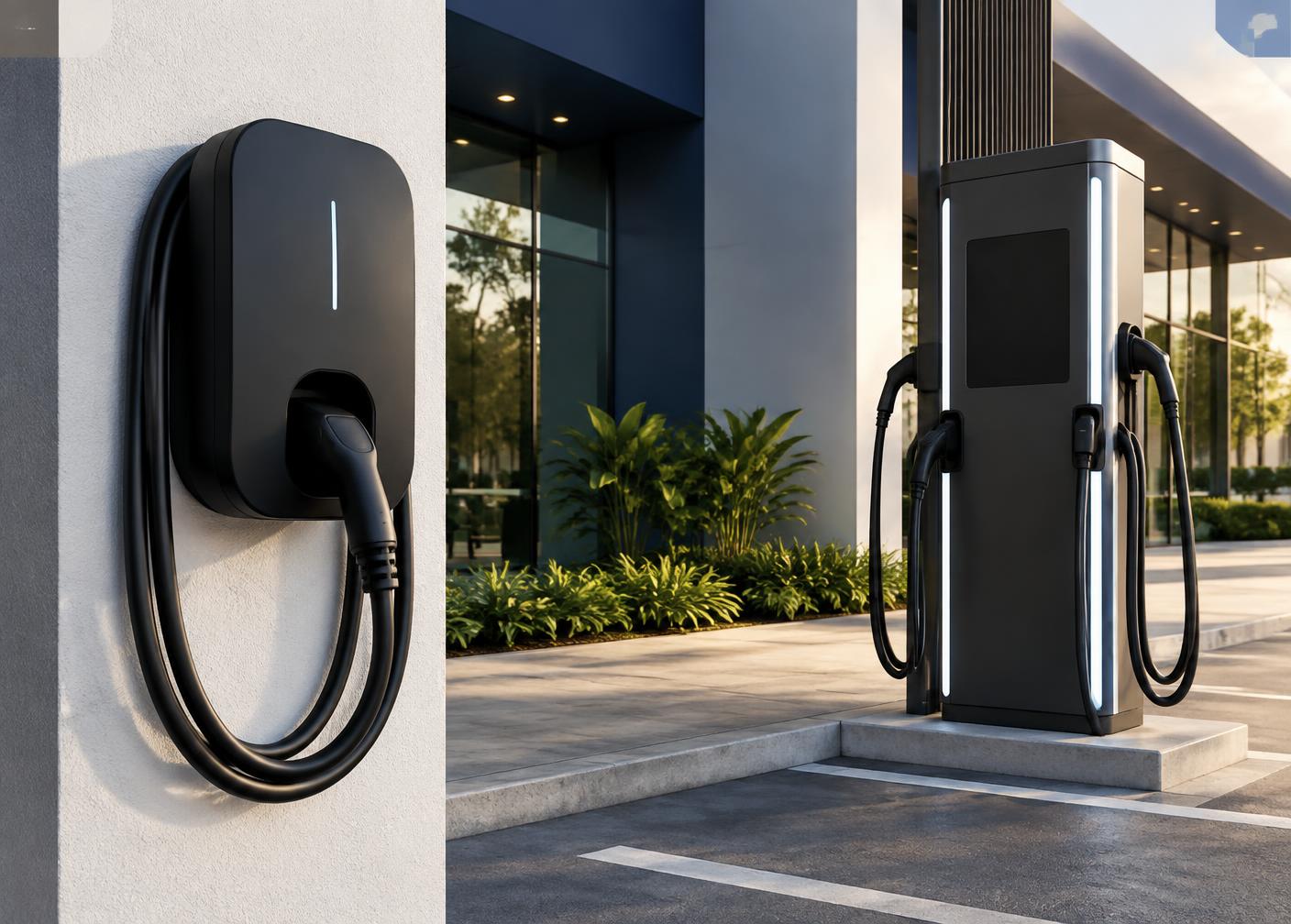 Carregadores para veículos elétricos, wallbox residencial e estação de recarga rápida comercial
