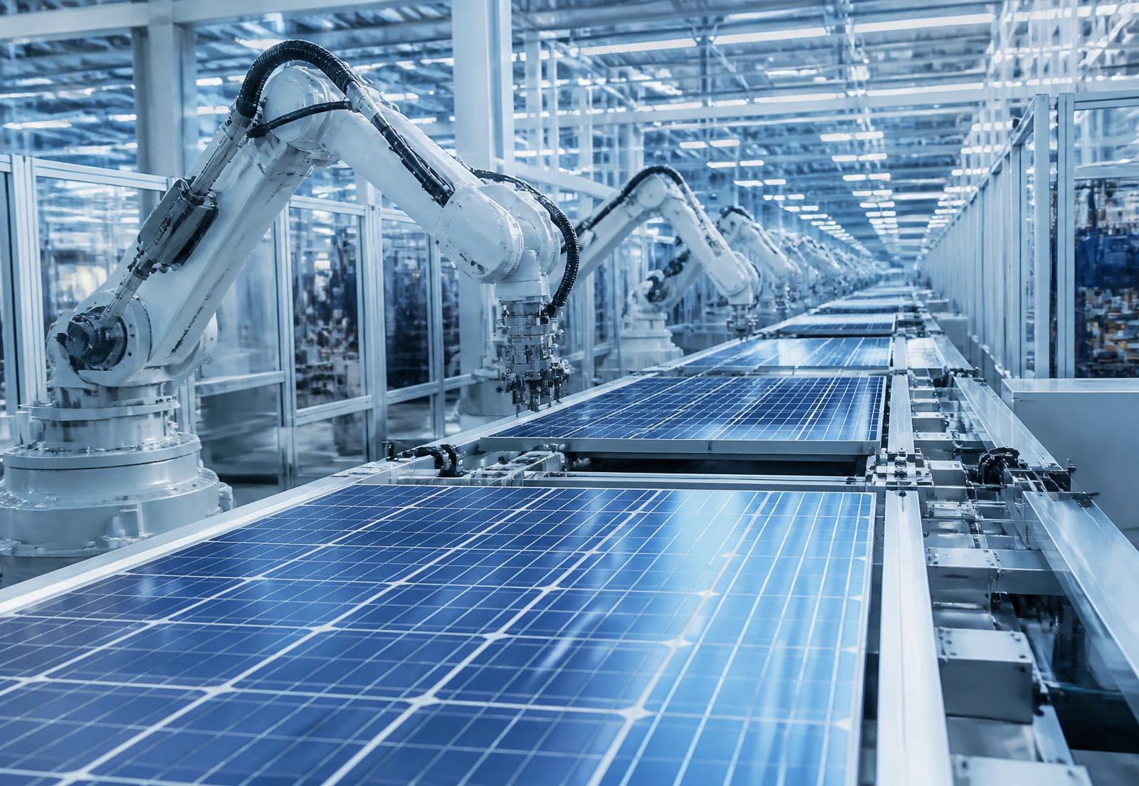 Photovoltaic module production line in a solar manufacturing facility