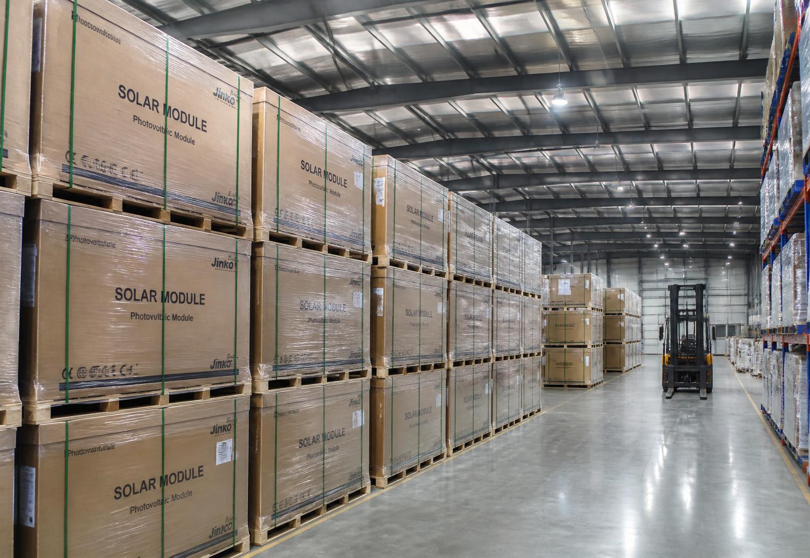 Pallets of packaged solar modules in a distribution warehouse
